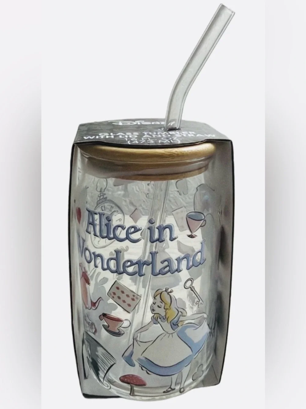Disney Alice in Wonderland Glass Tumbler Bamboo Lid Glass Straw 16 oz NWT